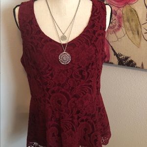 Burgundy lace front peplum tank top